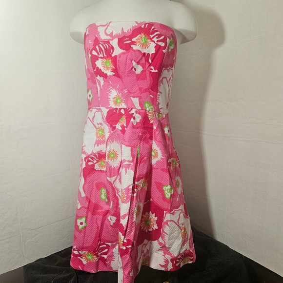 Lilly Pulitzer Dresses & Skirts - Lilly Pulitzer Hot Pink Cherry Bloom Pleated Strapless Dress~Size 10~EUC